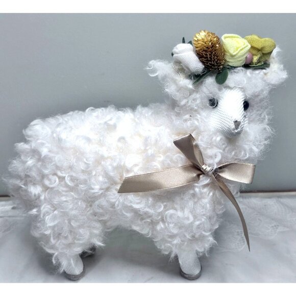 White Sheep Figurine Floral Crown Bow Critters Farm Animal Home Decor Easter - Picture 1 of 9